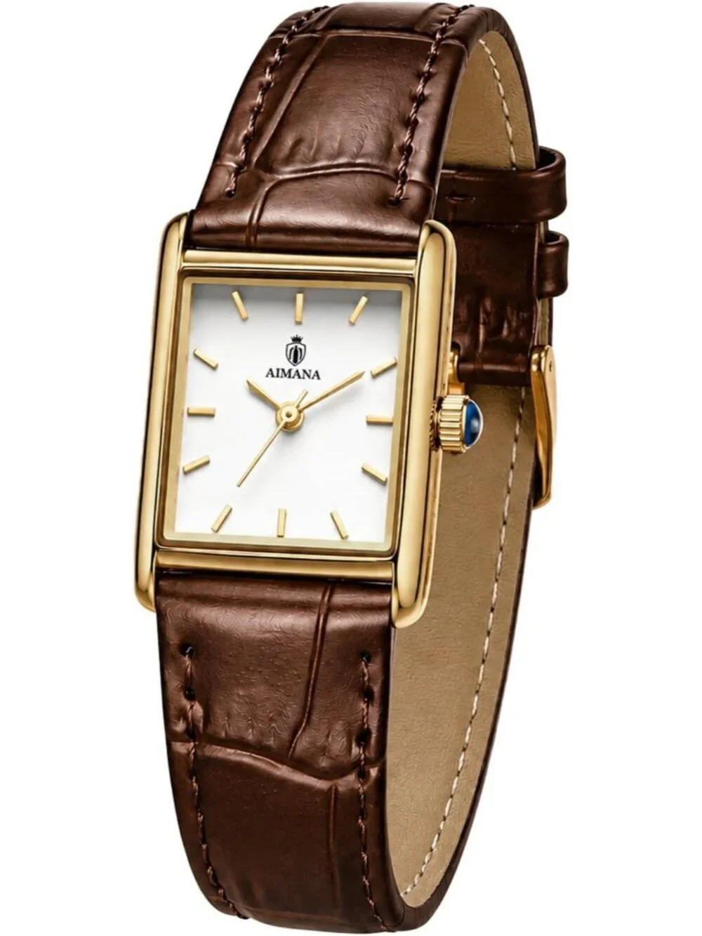 Women's Gold Case Brown Rectangle Vintage Leather Strap  Quartz Movement Watch